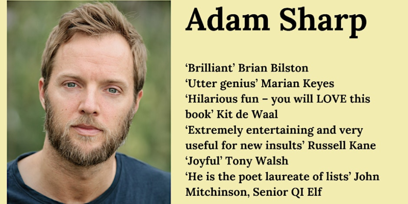 Image of Adam Sharp with complimentary reviews by Russell Kane, Richard Osman, Brian Bilston and others.